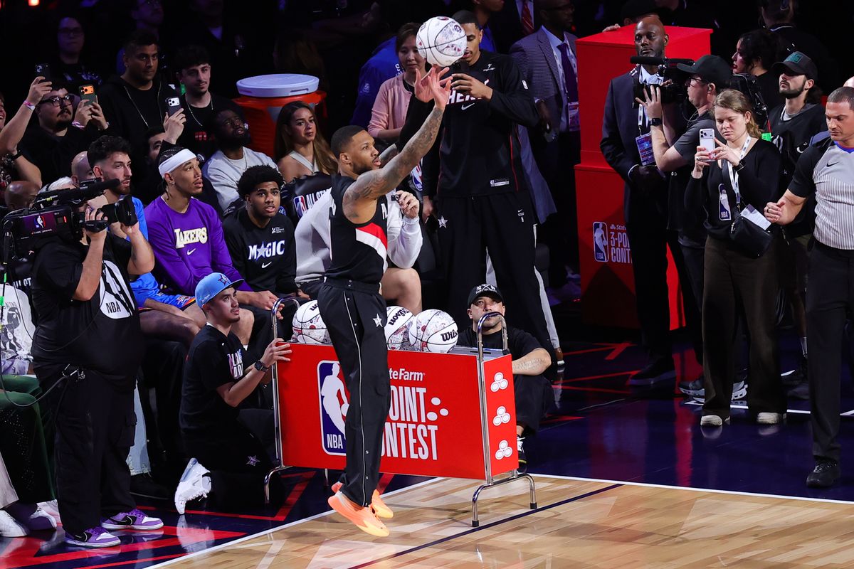 Portland Trailblazers guard Damian Lillard (0) participates in the three point contest at NBA All Star Saturday on February 14, 2026 in Inglewood, CA.