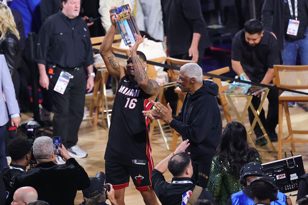 Miami Heat forward Keshad Johnson (16) celebrates after winning the slam dunk contest at NBA All Star Saturday on February 14, 2026 in Inglewood, CA.