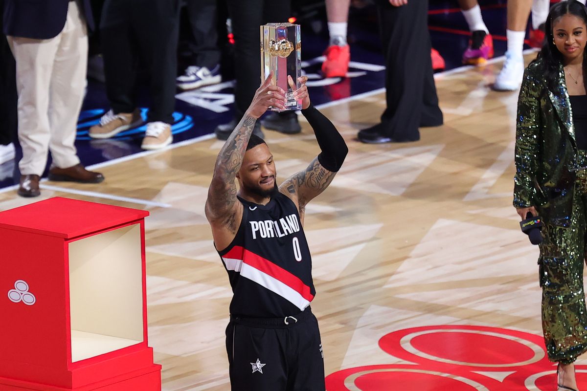 Portland Trailblazers guard Damian Lillard (0) celebrates winning the three point contest at NBA All Star Saturday on February 14, 2026 in Inglewood, CA.