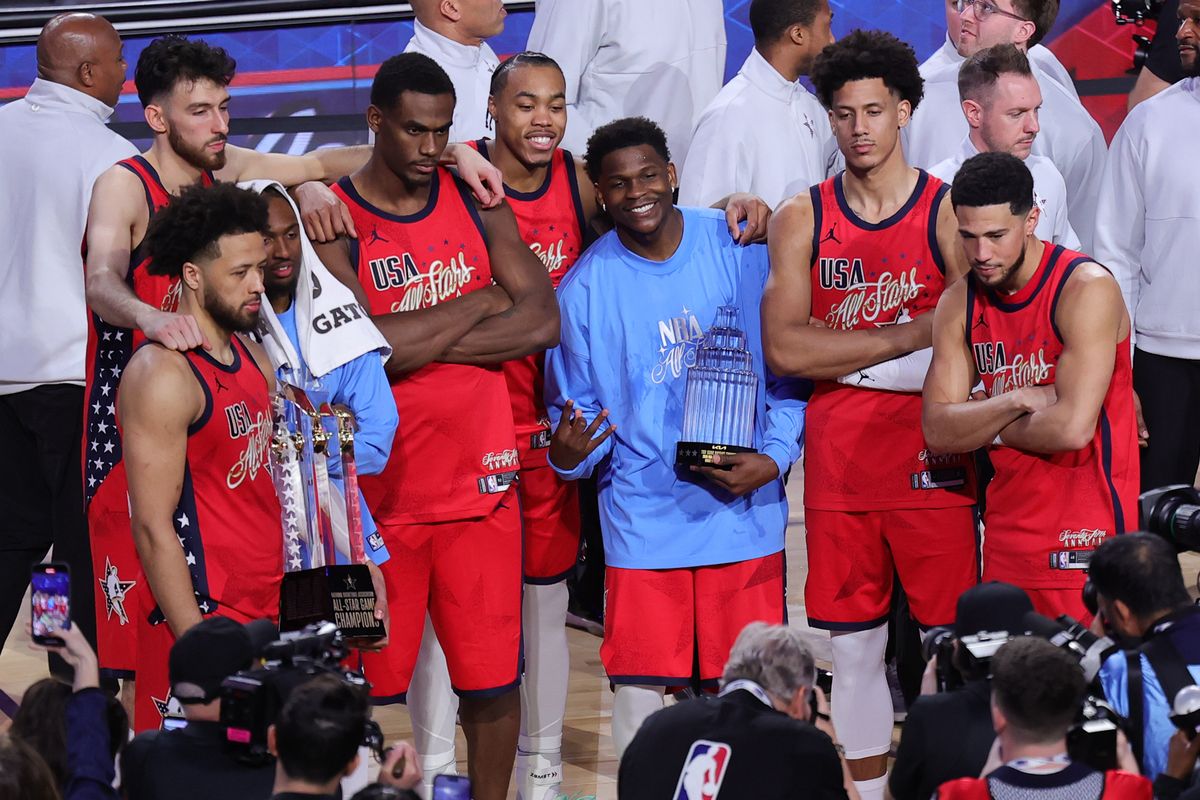 Team Stars celebrates their victory over Team Stripes at the NBA All Star Game on February 15, 2026 in Inglewood, CA.