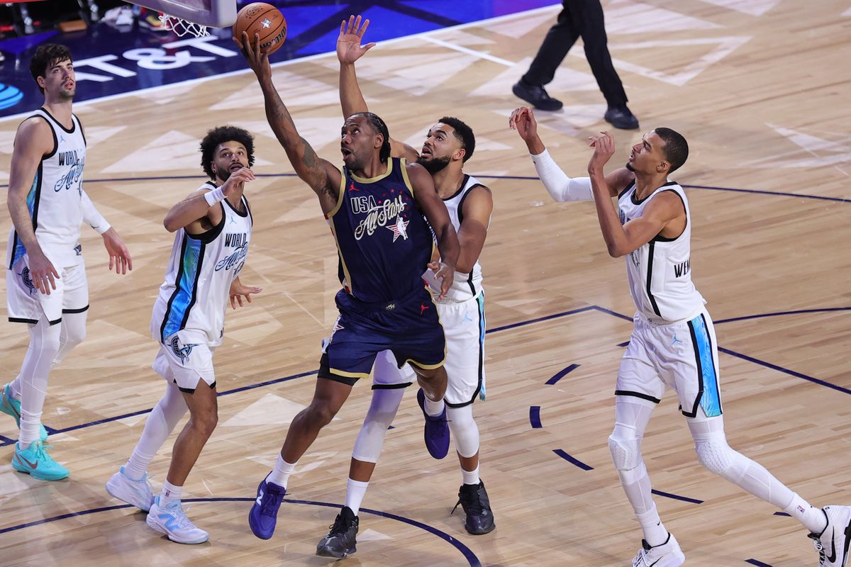 Team Stripes forward Kawhi Leonard (2) attempts a lay up during the NBA All Star Game on February 15, 2026 in Inglewood, CA.