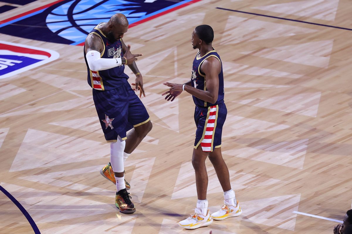 Team Stripes forward LeBron James (23) and guard De'Aaron Fox (4) celebrate a game winning basket during the NBA All Star Game on February 15, 2026 in Inglewood, CA.