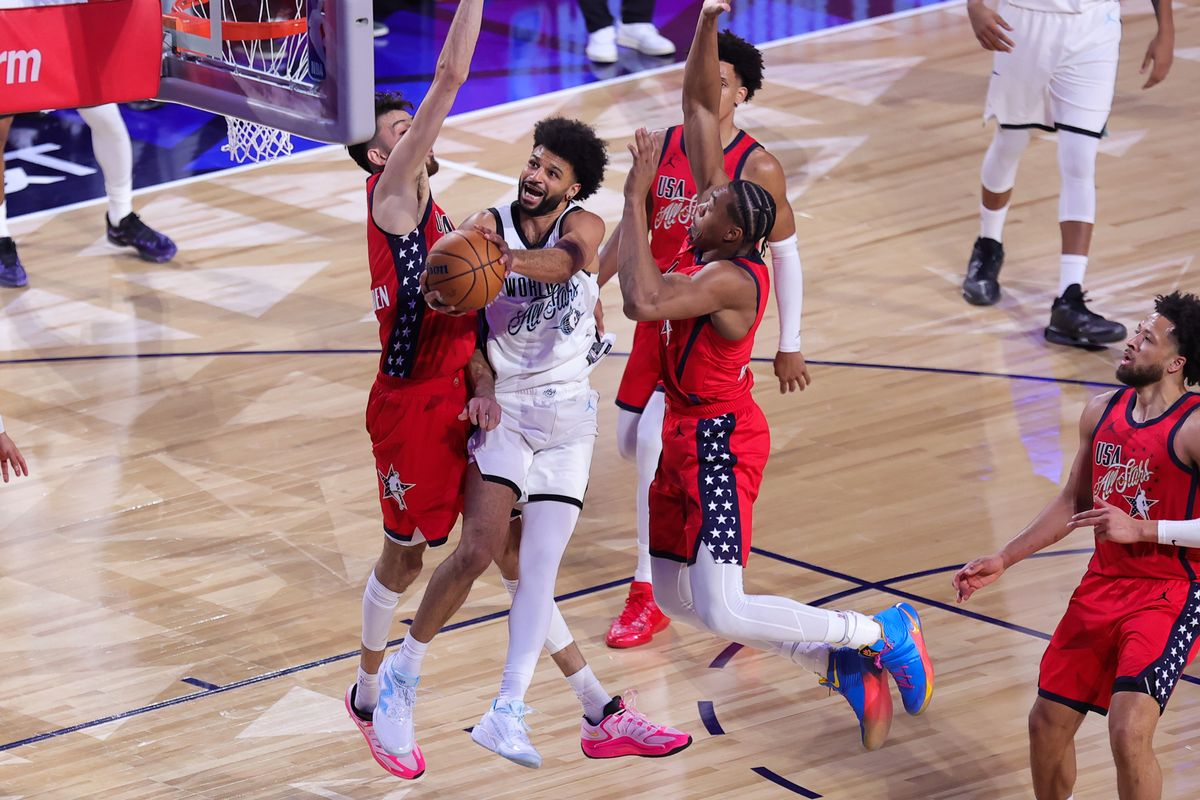 Team World guard Jamal Murray (27) drives the lane during the NBA All Star Game on February 15, 2026 in Inglewood, CA.