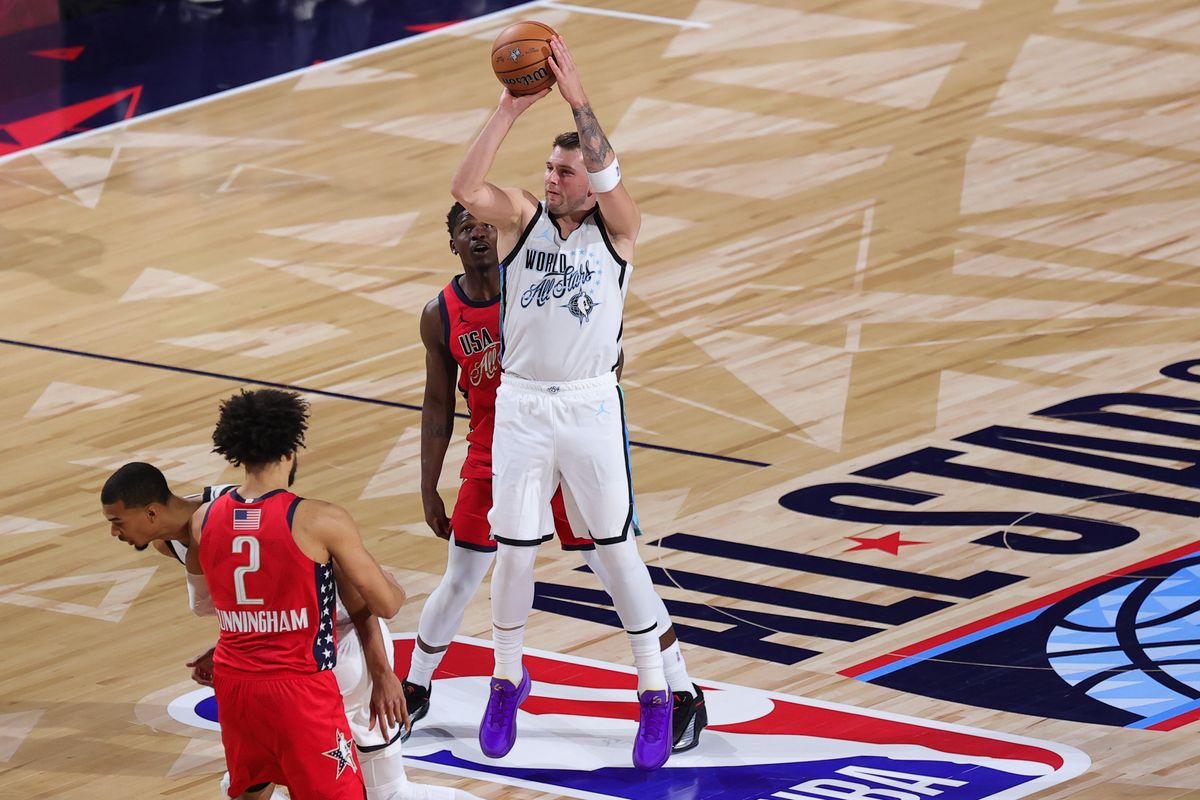 Team World guard Luka Doncic (77) shoots a jumpshot during the NBA All Star Game on February 15, 2026 in Inglewood, CA.