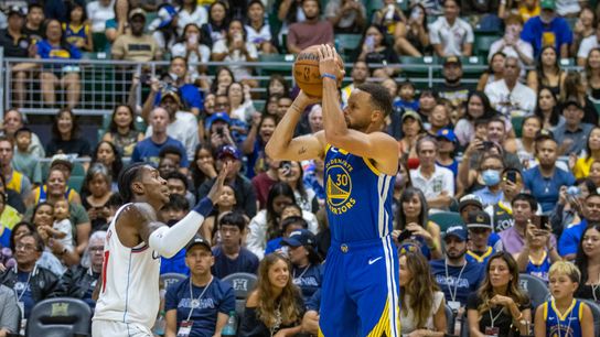Golden State Warriors guard Stephen Curry gets up a shot during the Clippers-Warriors game in Honolulu on October 5, 2024.