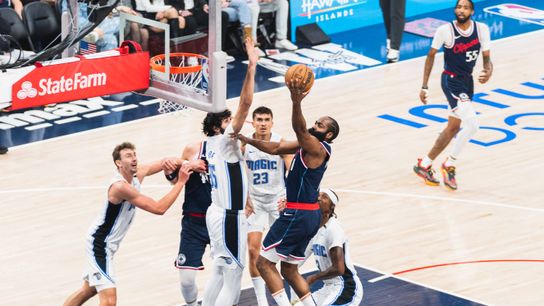LA Clippers Guard James Harden (1) driving into the paint during an NBA basketball game against the Orlando Magic, Wednesday November 20th, 2024 in Inglewood, California. 