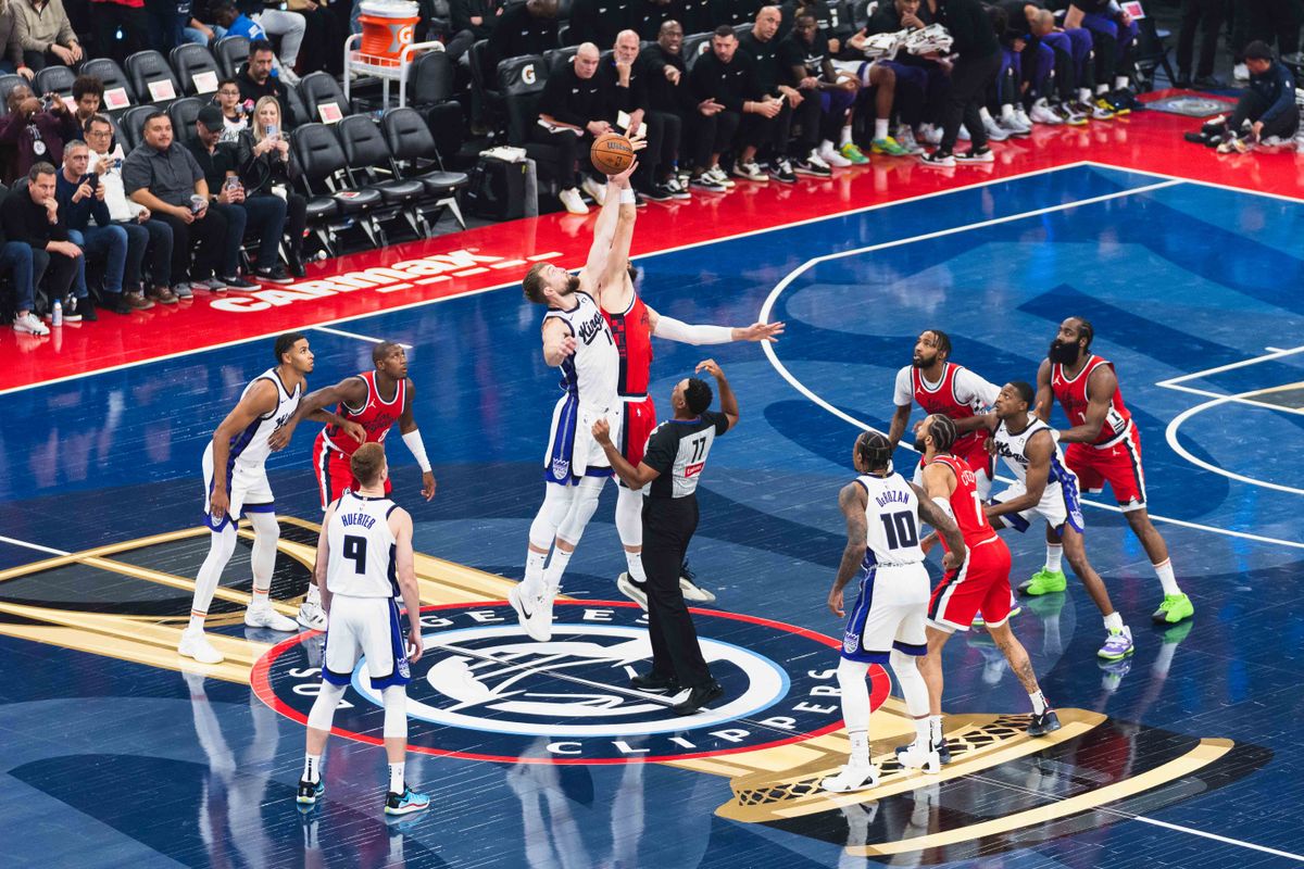 LA Clippers center Ivica Zubac (40) tipping off to start an NBA basketball game against the Sacramento Kings, Friday November 22th, 2024 in Inglewood, California. LA Clippers center Ivica Zubac (40) tipping off to start an NBA basketball game against the Sacramento Kings, Friday November 22th, 2024 in Inglewood, California.