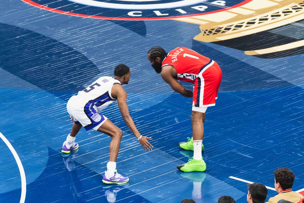 LA Clippers guard James Harden (1) facing off against De’Aaron Fox (5) during an NBA basketball game against the Sacramento Kings, Friday November 22th, 2024 in Inglewood, California. LA Clippers guard James Harden (1) facing off against De’Aaron Fox (5) during an NBA basketball game against the Sacramento Kings, Friday November 22th, 2024 in Inglewood, California.