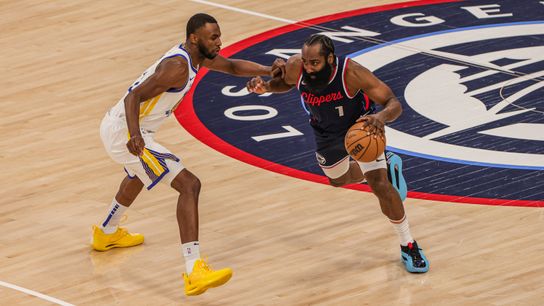 Los Angeles Clippers guard James Harden  (1) an NBA basketball game against the Golden State Warriors, Monday November 18th, 2024 in Inglewood, California. 