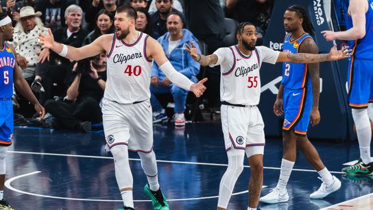 Los Angeles Clippers center Ivica Zubac (40) and forward Derrick Jones Jr (55) angry about the no foul call during an NBA basketball game against the Oklahoma City Thunder, Sunday March 23rd, 2025 in Inglewood, California. Los Angeles Clippers center Ivica Zubac (40) and forward Derrick Jones Jr (55) angry about the no foul call during an NBA basketball game against the Oklahoma City Thunder, Sunday March 23rd, 2025 in Inglewood, California.
