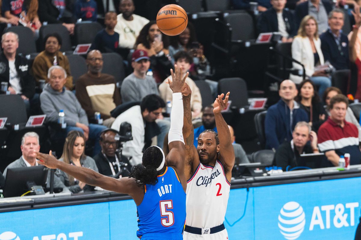 Los Angeles Clippers forward Kawhi Leonard (2) shoots a three pointer during an NBA basketball game against the Oklahoma City Thunder, Sunday March 23rd, 2025 in Inglewood, California. Los Angeles Clippers forward Kawhi Leonard (2) shoots a three pointer during an NBA basketball game against the Oklahoma City Thunder, Sunday March 23rd, 2025 in Inglewood, California.