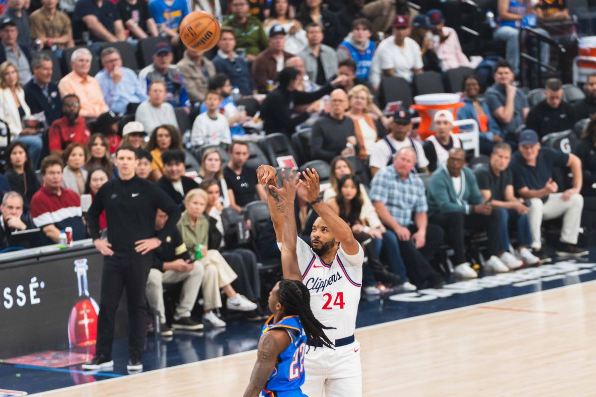 Los Angeles Clippers guard Norman Powell (24) taking a three pointer during an NBA basketball game against the Oklahoma City Thunder, Sunday March 23rd, 2025 in Inglewood, California. Los Angeles Clippers guard Norman Powell (24) taking a three pointer during an NBA basketball game against the Oklahoma City Thunder, Sunday March 23rd, 2025 in Inglewood, California.