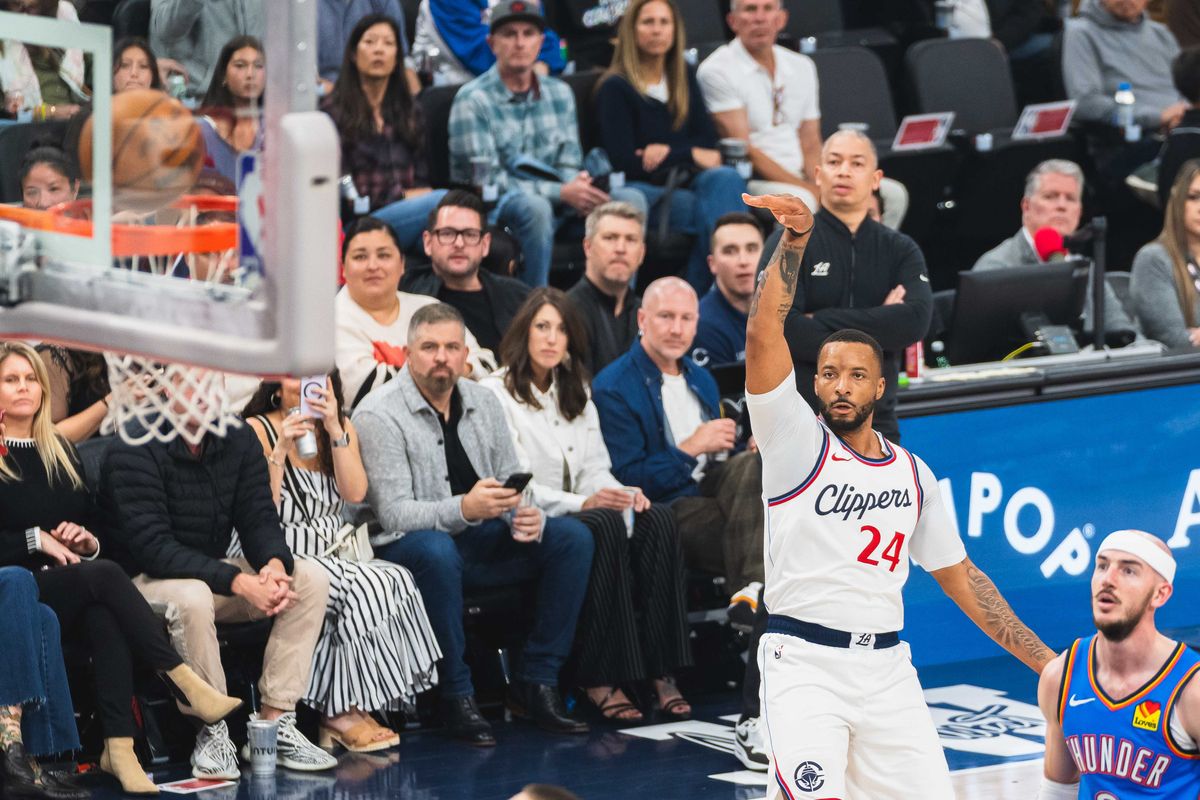 Los Angeles Clippers guard Norman Powell (24) watching his shot go in during an NBA basketball game against the Oklahoma City Thunder, Sunday March 23rd, 2025 in Inglewood, California. Los Angeles Clippers guard Norman Powell (24) watching his shot go in during an NBA basketball game against the Oklahoma City Thunder, Sunday March 23rd, 2025 in Inglewood, California.