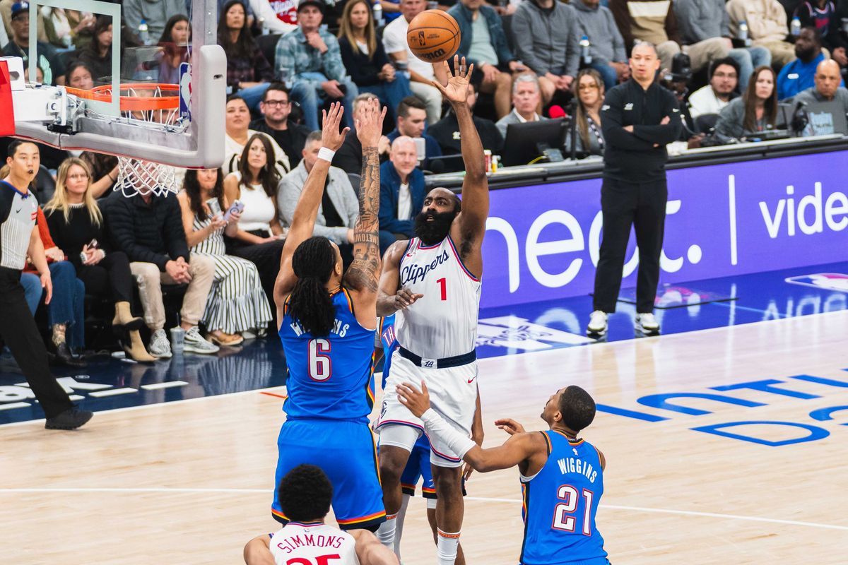 Los Angeles Clippers guard James Harden (1) shoots a floater during an NBA basketball game against the Oklahoma City Thunder, Sunday March 23rd, 2025 in Inglewood, California. Los Angeles Clippers guard James Harden (1) shoots a floater during an NBA basketball game against the Oklahoma City Thunder, Sunday March 23rd, 2025 in Inglewood, California.