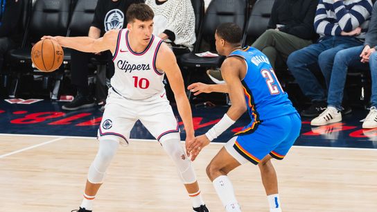 Los Angeles Clippers guard Bogdan Bogdanovic (10) looks for the open teammate during an NBA basketball game against the Oklahoma City Thunder, Sunday March 23rd, 2025 in Inglewood, California. Los Angeles Clippers guard Bogdan Bogdanovic (10) looks for the open teammate during an NBA basketball game against the Oklahoma City Thunder, Sunday March 23rd, 2025 in Inglewood, California.