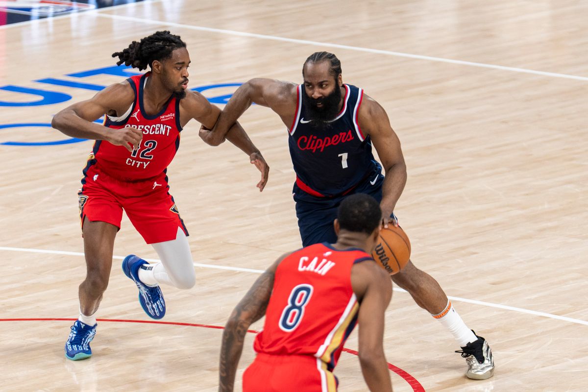 Los Angeles Clippers guard James Harden (1) draws the foul while driving to the rim during an NBA basketball game against the New Orleans Pelicans, Wednesday April 2nd, 2025 in Inglewood, California. Los Angeles Clippers guard James Harden (1) draws the foul while driving to the rim during an NBA basketball game against the New Orleans Pelicans, Wednesday April 2nd, 2025 in Inglewood, California.