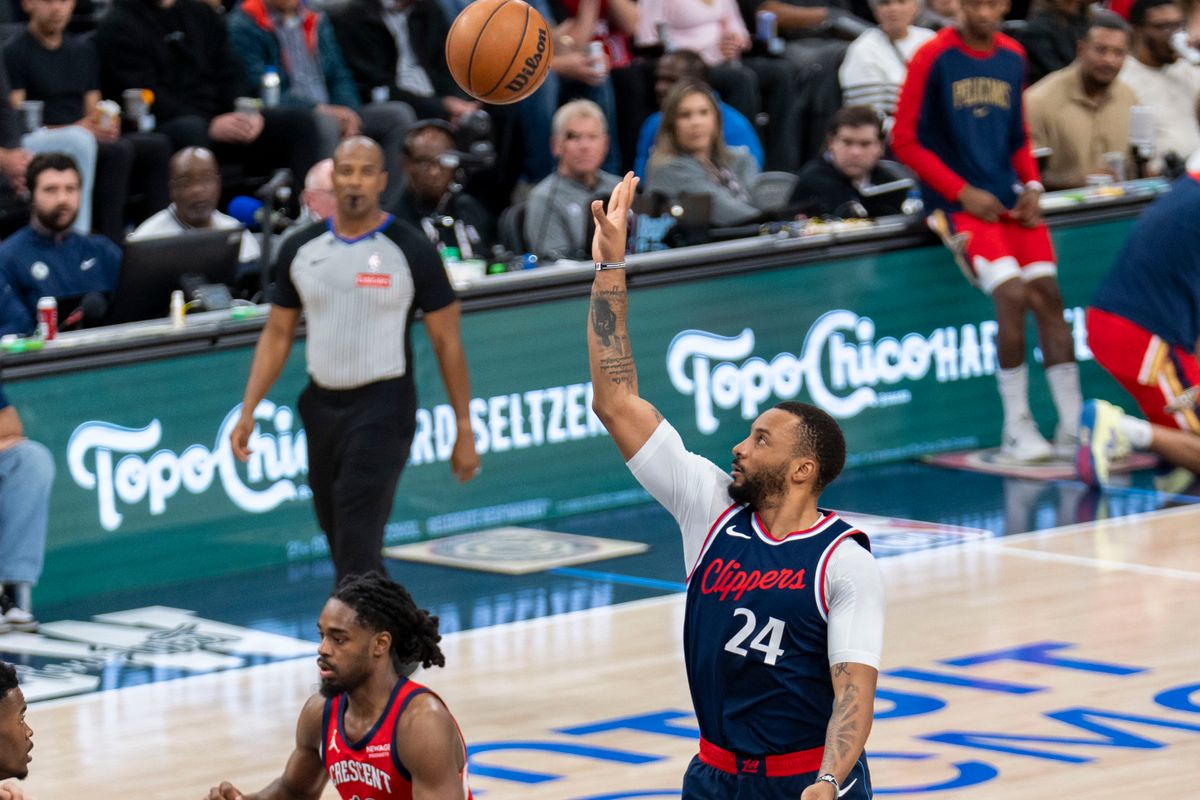Los Angeles Clippers guard Norman Powell (24) hits the tear drop during an NBA basketball game against the New Orleans Pelicans, Wednesday April 2nd, 2025 in Inglewood, California. Los Angeles Clippers guard Norman Powell (24) hits the tear drop during an NBA basketball game against the New Orleans Pelicans, Wednesday April 2nd, 2025 in Inglewood, California.