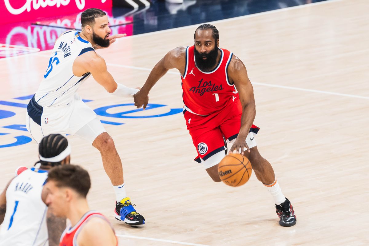 Los Angeles Clippers guard James Harden (1) looking to score during an NBA basketball game against the Dallas Mavericks, Friday April 4th, 2025 in Inglewood, California. 