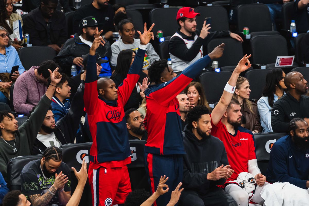 Los Angeles Clippers bench celebrates a made three pointer during an NBA basketball game against the Dallas Mavericks, Friday April 4th, 2025 in Inglewood, California. 