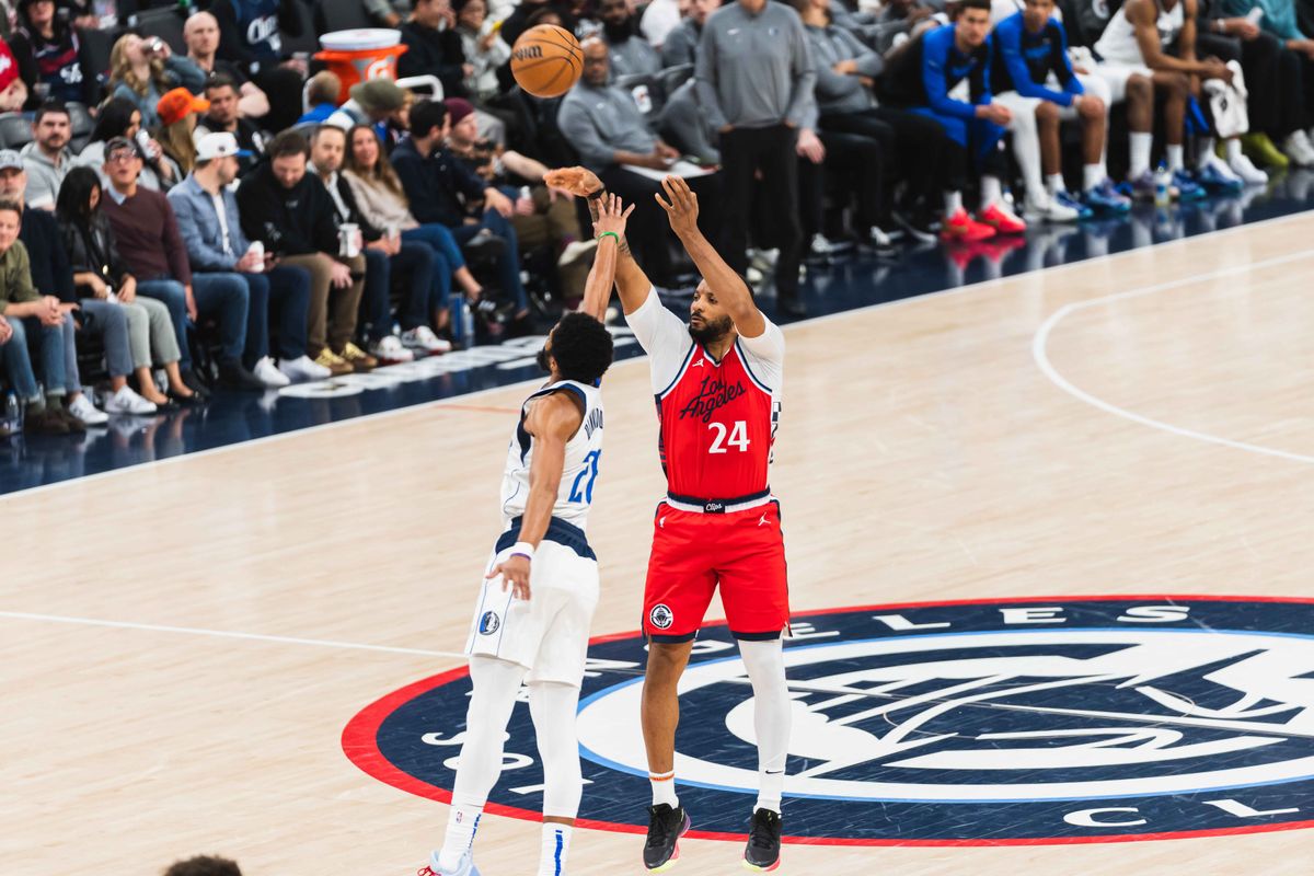 Los Angeles Clippers guard Norman Powell (24) shoots a three pointer during an NBA basketball game against the Dallas Mavericks, Friday April 4th, 2025 in Inglewood, California. 