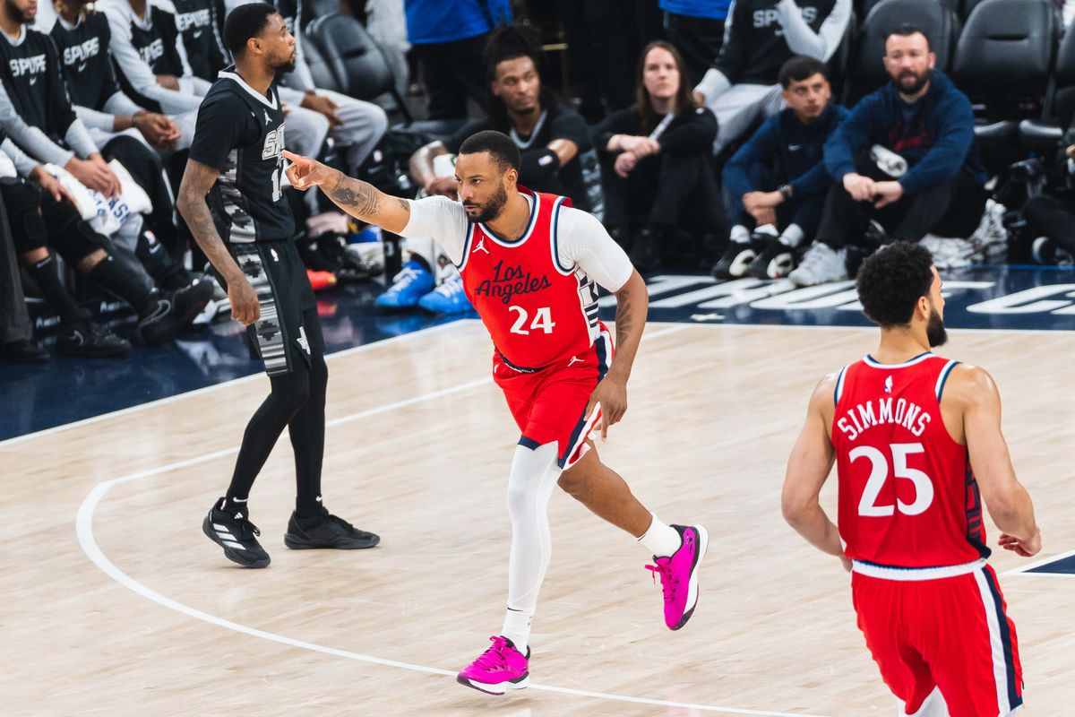 Los Angeles Clippers guard Norman Powell (24) celebrates after scoring during an NBA basketball game against the San Antonio Spurs, Tuesday April 8th, 2025 in Inglewood, California. 