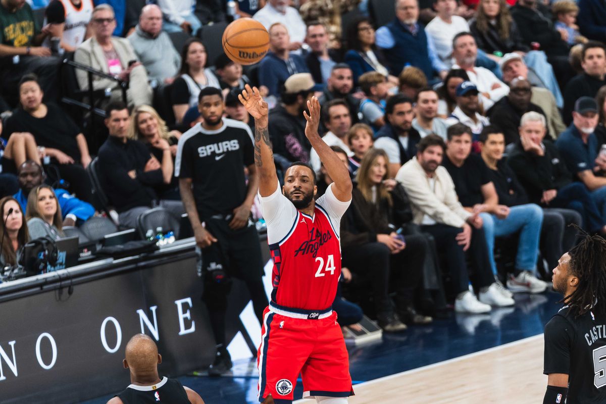 Los Angeles Clippers guard Norman Powell (24) shoots a three-pointer during an NBA basketball game against the San Antonio Spurs, Tuesday April 8th, 2025 in Inglewood, California. 