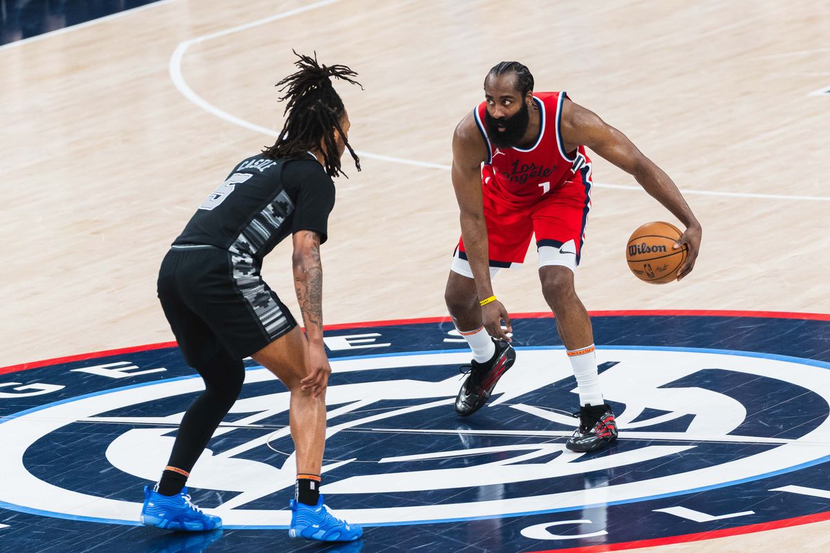 Los Angeles Clippers guard James Harden (1) setting up the offense during an NBA basketball game against the San Antonio Spurs, Tuesday April 8th, 2025 in Inglewood, California. 