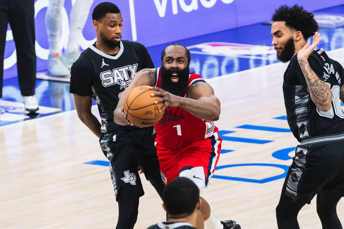 Los Angeles Clippers guard James Harden (1) tries to draw a foul during an NBA basketball game against the San Antonio Spurs, Tuesday April 8th, 2025 in Inglewood, California. 