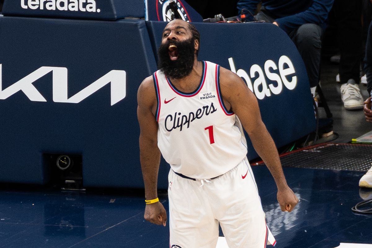 Los Angeles Clippers guard James Harden (1) celebrates after scoring at an NBA basketball game against the Portland Trailblazers, Sunday October 26th, 2025 in Inglewood, California. Los Angeles Clippers guard James Harden (1) celebrates after scoring at an NBA basketball game against the Portland Trailblazers, Sunday October 26th, 2025 in Inglewood, California.