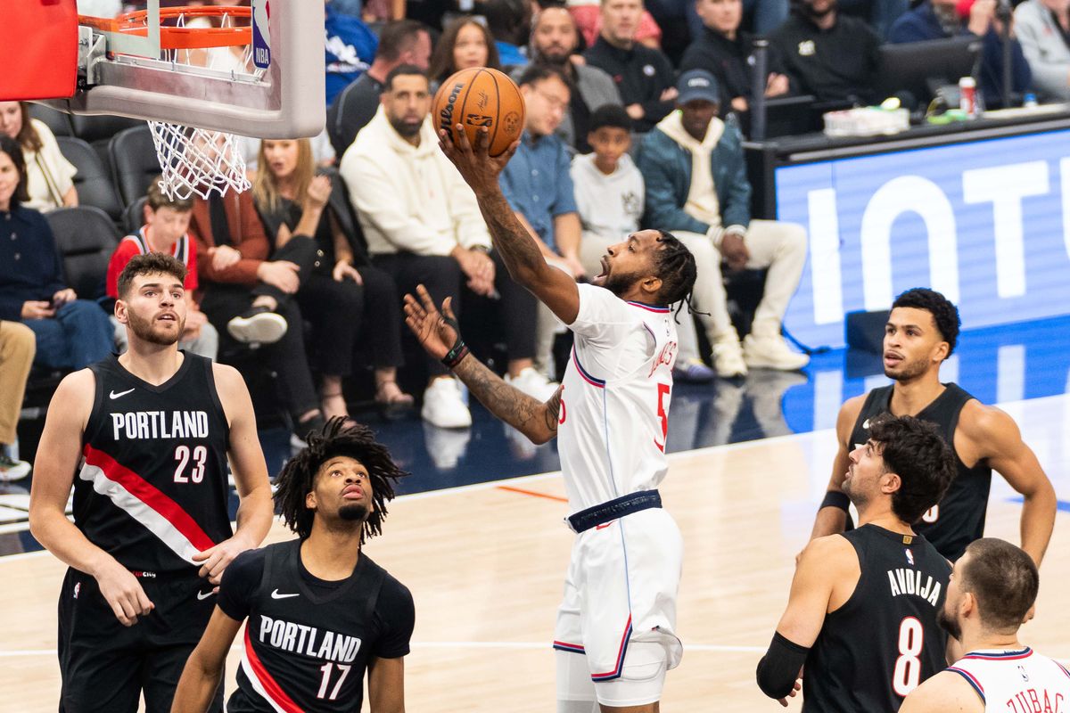 Los Angeles Clippers forward Derrick Jones Jr. (55) drives into the lane during an NBA basketball game against the Portland Trailblazers, Sunday October 26th, 2025 in Inglewood, California. Los Angeles Clippers forward Derrick Jones Jr. (55) drives into the lane during an NBA basketball game against the Portland Trailblazers, Sunday October 26th, 2025 in Inglewood, California.