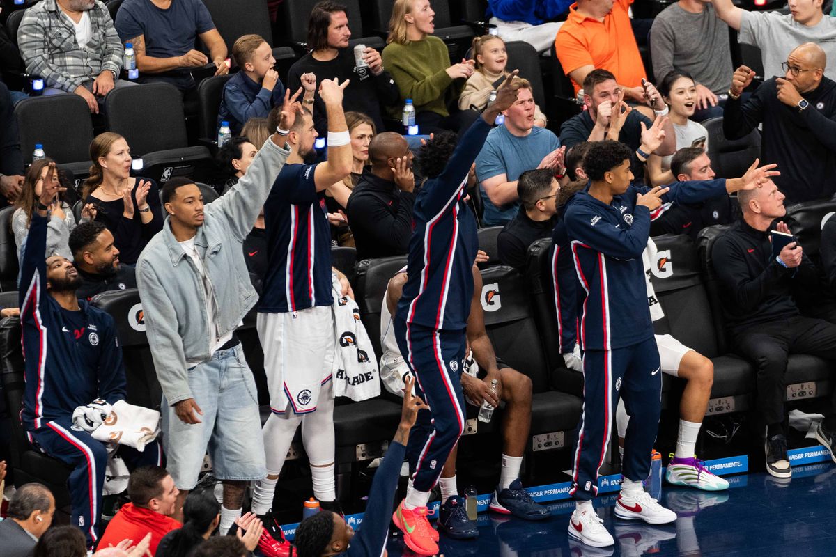 Los Angeles Clippers bench celebrates a made three pointer during an NBA basketball game against the Portland Trailblazers, Sunday October 26th, 2025 in Inglewood, California. Los Angeles Clippers bench celebrates a made three pointer during an NBA basketball game against the Portland Trailblazers, Sunday October 26th, 2025 in Inglewood, California.