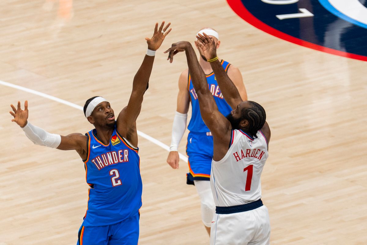 Los Angeles Clippers guard James Harden (1) takes a three during an NBA basketball game against the Oklahoma City Thunder, Tuesday November 4th, 2025 in Los Angeles, California.