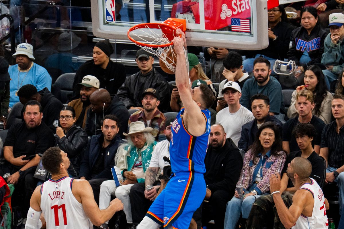 Oklahoma City Thunder center Isaiah Hartenstein (55) gets a dunk during an NBA basketball game against the Los Angeles Clippers, Tuesday November 4th, 2025 in Los Angeles, California. 