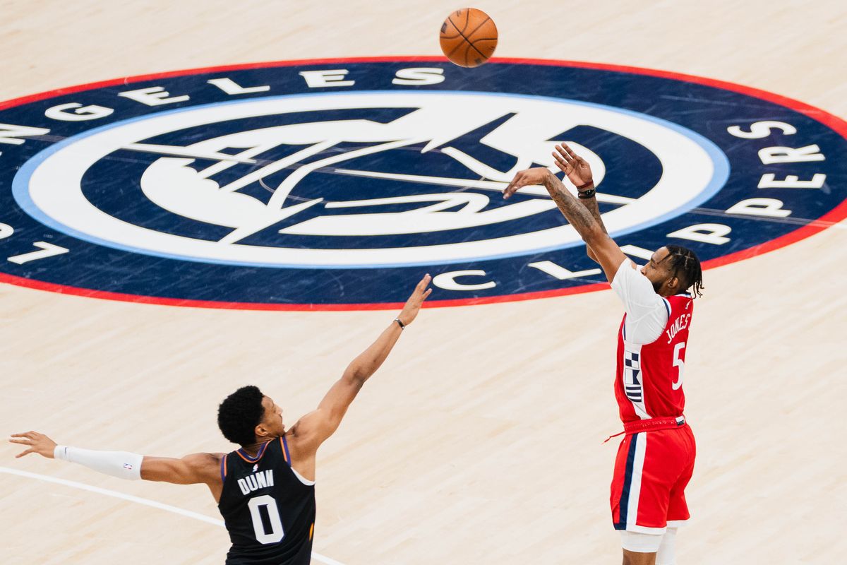 Los Angeles Clippers forward Derrick Jones Jr. (5) taking a three-pointer at an NBA basketball game against the Phoenix Suns, Saturday November 8th, 2025 in Inglewood, California. Los Angeles Clippers forward Derrick Jones Jr. (5) taking a three-pointer at an NBA basketball game against the Phoenix Suns, Saturday November 8th, 2025 in Inglewood, California.