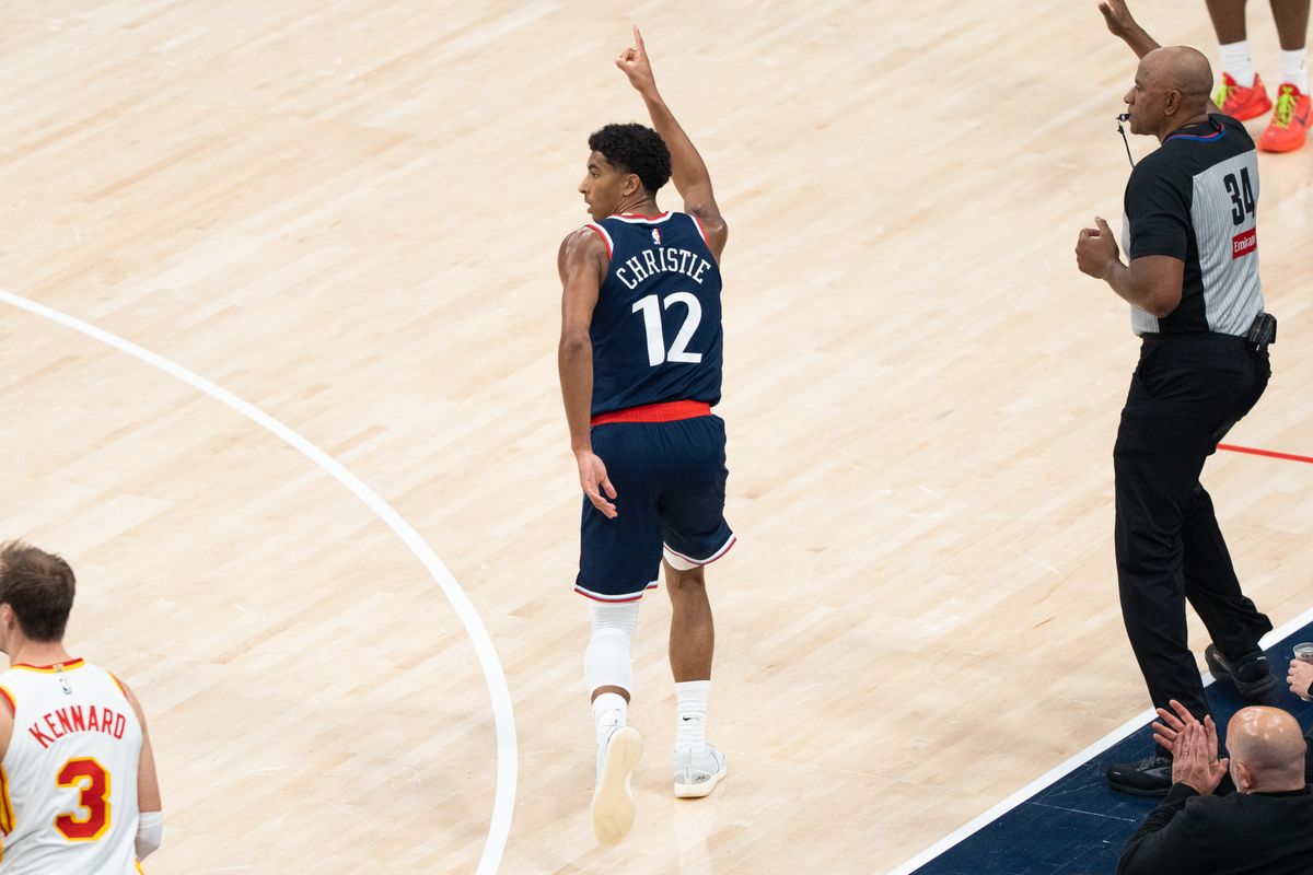 Los Angeles Clippers Guard Cam Christie (12) celebrates after hitting a corner three at an NBA basketball game against the Atlanta Hawks, Monday November 10th, 2025 in Inglewood, California. 