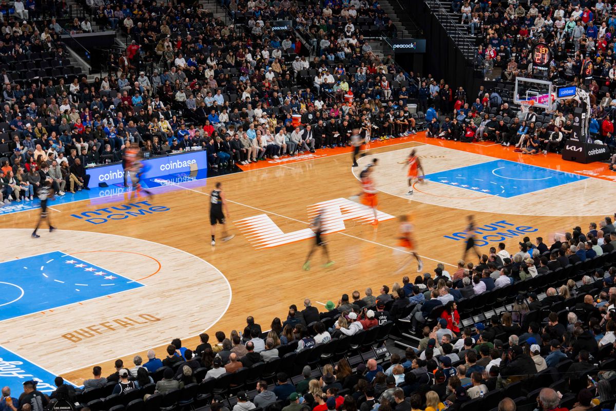 Los Angeles Clippers debut their city edition court design during an NBA basketball game against the Denver Nuggets, Tuesday November 12th, 2025 in Los Angeles, California.
