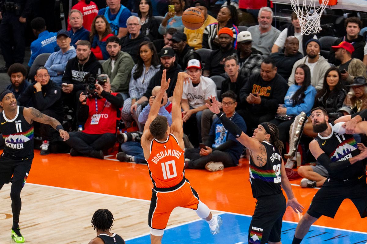 Los Angeles Clippers guard Bogdan Bogdanovic (10) hits a fadeaway jumper during an NBA basketball game against the Denver Nuggets, Tuesday November 12th, 2025 in Los Angeles, California.