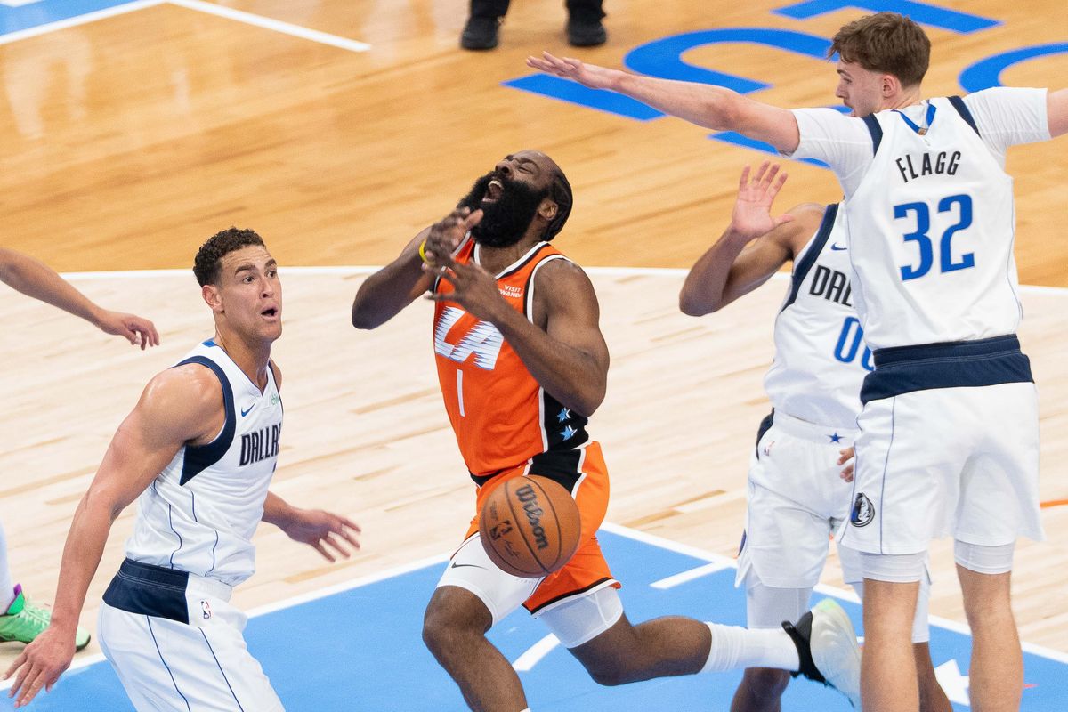 Los Angeles Clippers guard James Harden (1) draws a foul at an NBA basketball game against the Dallas Mavericks, Saturday November 29th, 2025 in Inglewood, California. 