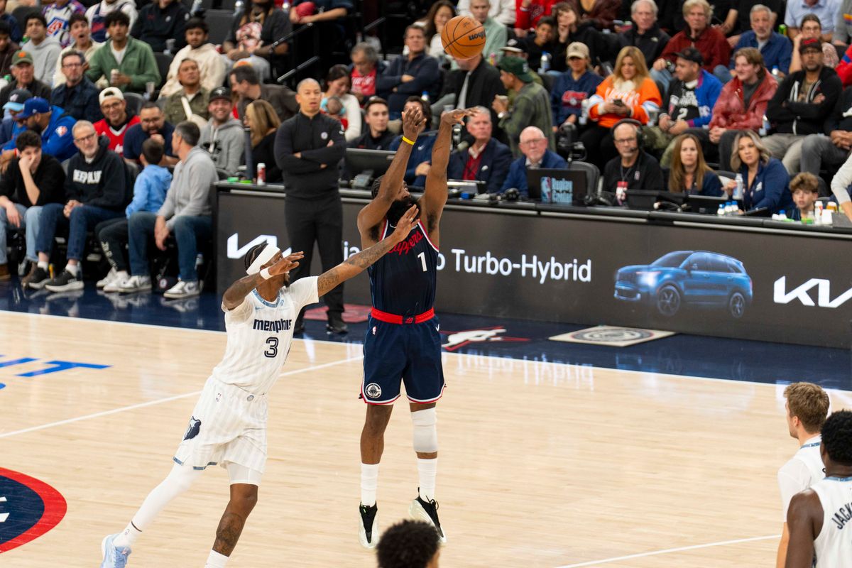 Los Angeles Clippers guard James Harden (1) takes a three during an NBA basketball game against the Memphis Grizzlies, Monday December 15th, 2025 in Los Angeles, California. Los Angeles Clippers guard James Harden (1) takes a three during an NBA basketball game against the Memphis Grizzlies, Monday December 15th, 2025 in Los Angeles, California.