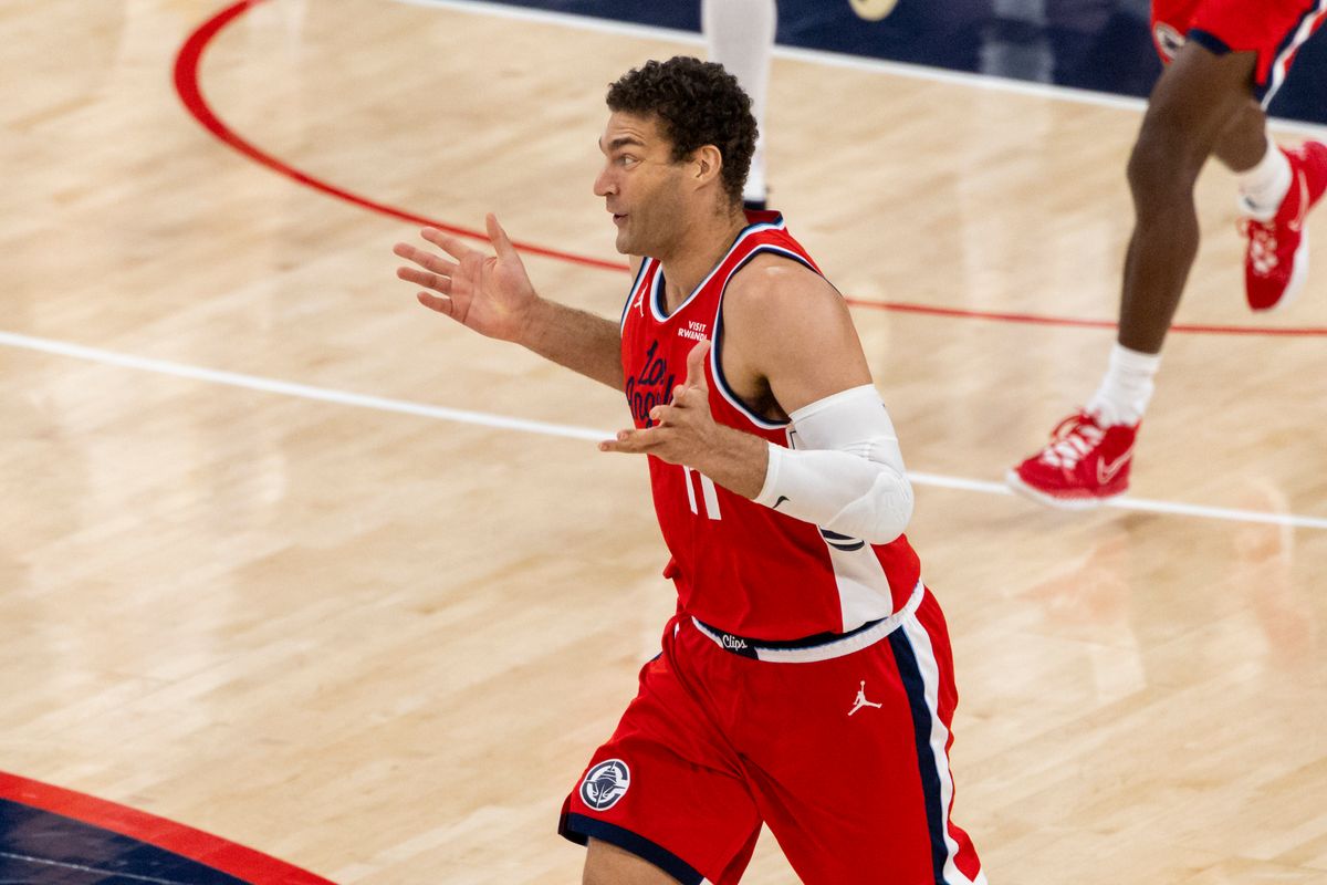 Brook Lopez #11 of the LA Clippers shrugs after making a shot during an NBA basketball game against the Los Angeles Lakers, Saturday December 20, 2025 in Inglewood, Calif.