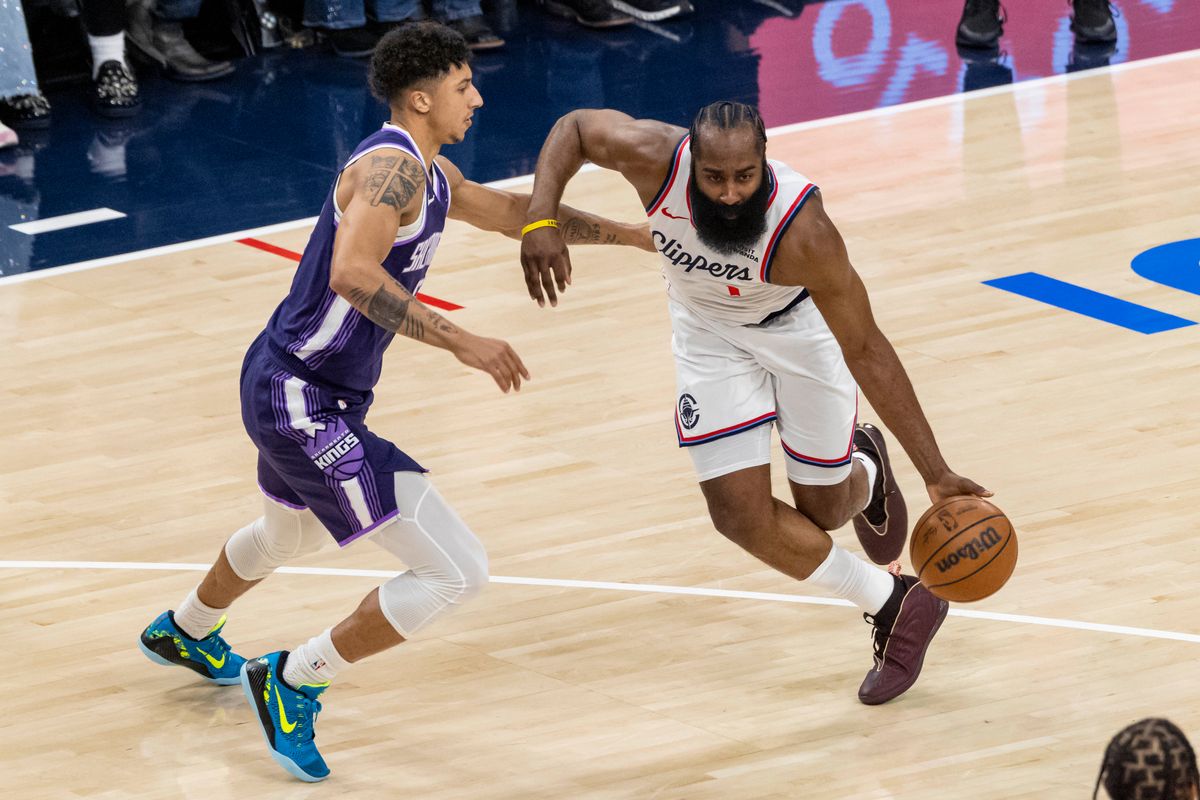 James Harden #1 of the LA Clippers drives towards the basket during an NBA basketball game against the Sacramento Kings, Tuesday December 30, 2025 in Inglewood, Calif.