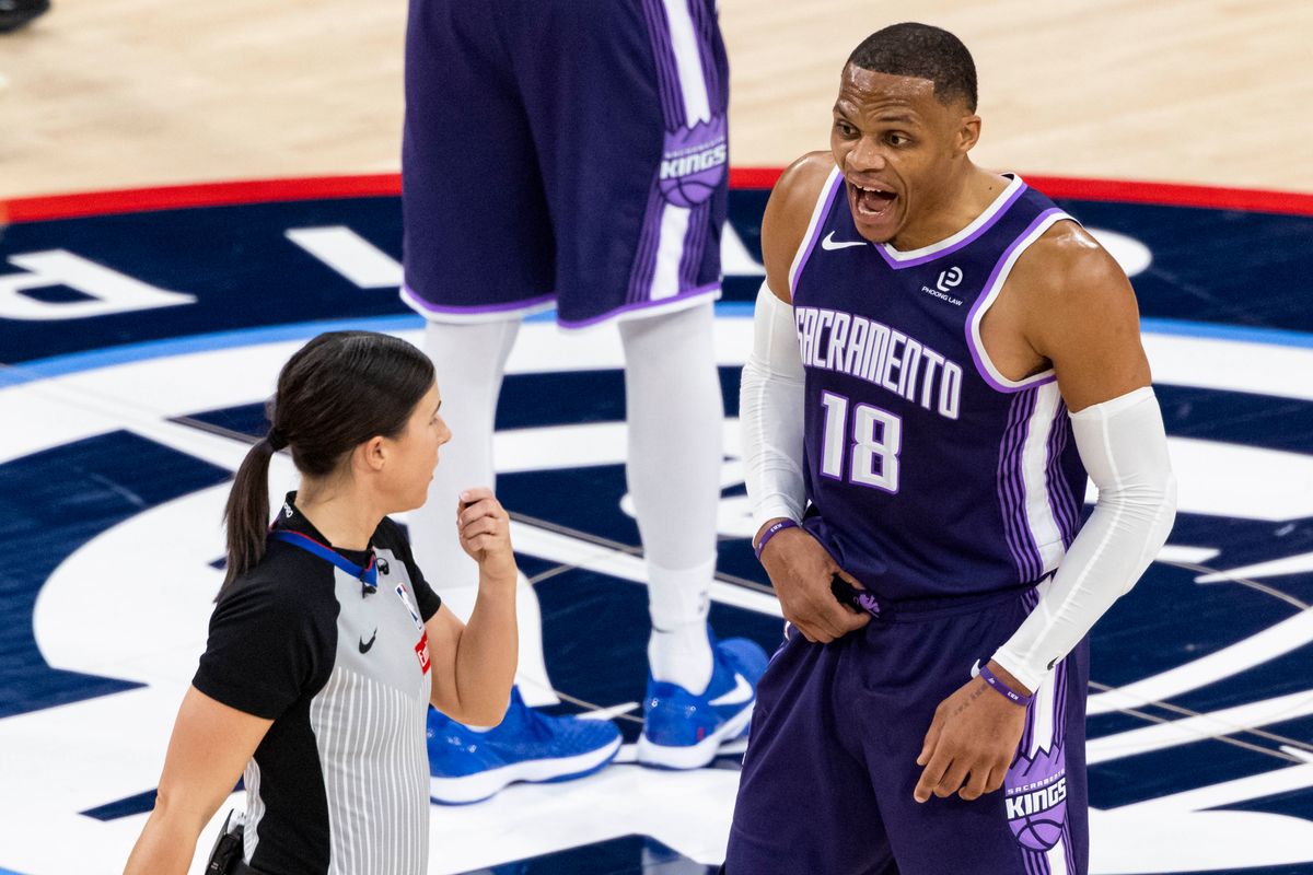 Russell Westbrook #18 of the Sacramento Kings pleads his case to the referee after getting a technical foul during an NBA basketball game against the LA Clippers, Tuesday December 30, 2025 in Inglewood, Calif.