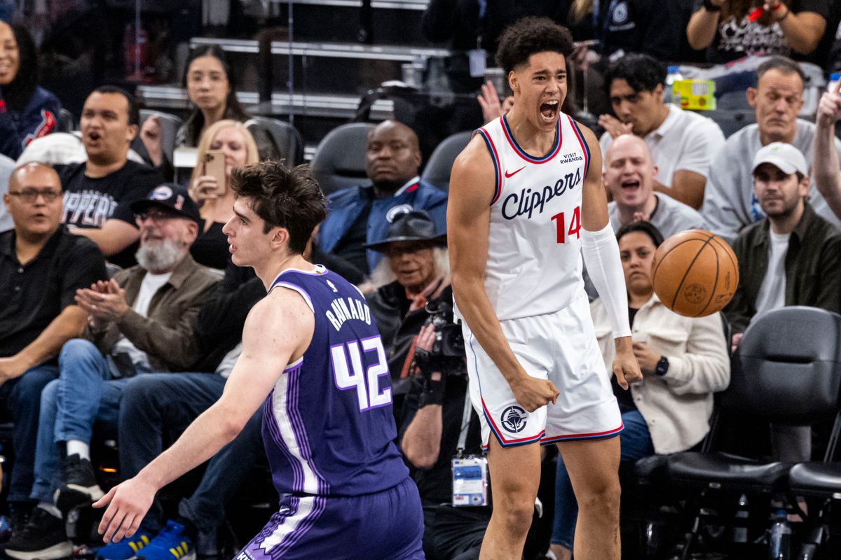 Yanic Konan Niederhauser #14 of the LA Clippers celebrates after a dunk during an NBA basketball game against the Sacramento Kings, Tuesday December 30, 2025 in Inglewood, Calif.