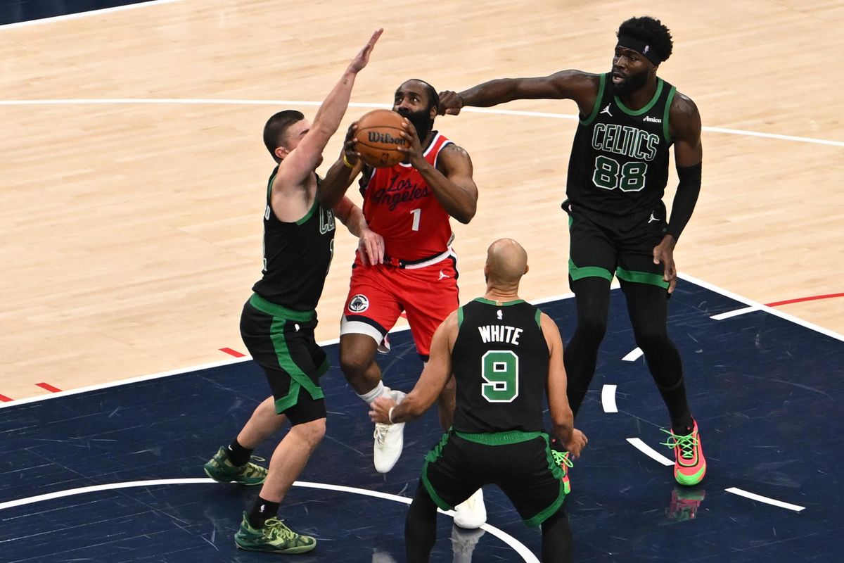 Los Angeles Clippers guard James Harden, #1 drives to the basket during an NBA basketball game against the Boston Celtics, Saturday January 3, 2026 at Intuit Dome in Inglewood, Calif.