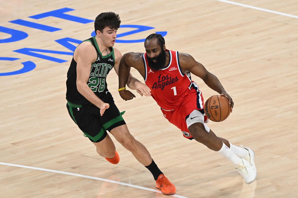 Los Angeles Clippers guard James Harden, #1 drives to the basket during an NBA basketball game against the Boston Celtics, Saturday January 3, 2026 at Intuit Dome in Inglewood, Calif.