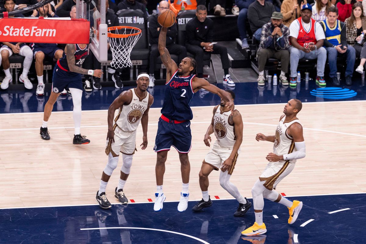 Kawhi Leonard #2 of the LA Clippers dunks the ball during an NBA basketball game against the Golden State Warriors, Monday January 5, 2026 in Inglewood, Calif.
