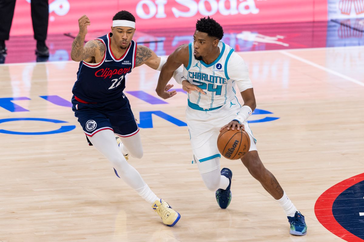 Brandon Miller #24 of the Charlotte Hornets handles the ball during an NBA basketball game against the LA Clippers, Monday January 12, 2026 in Inglewood, Calif.