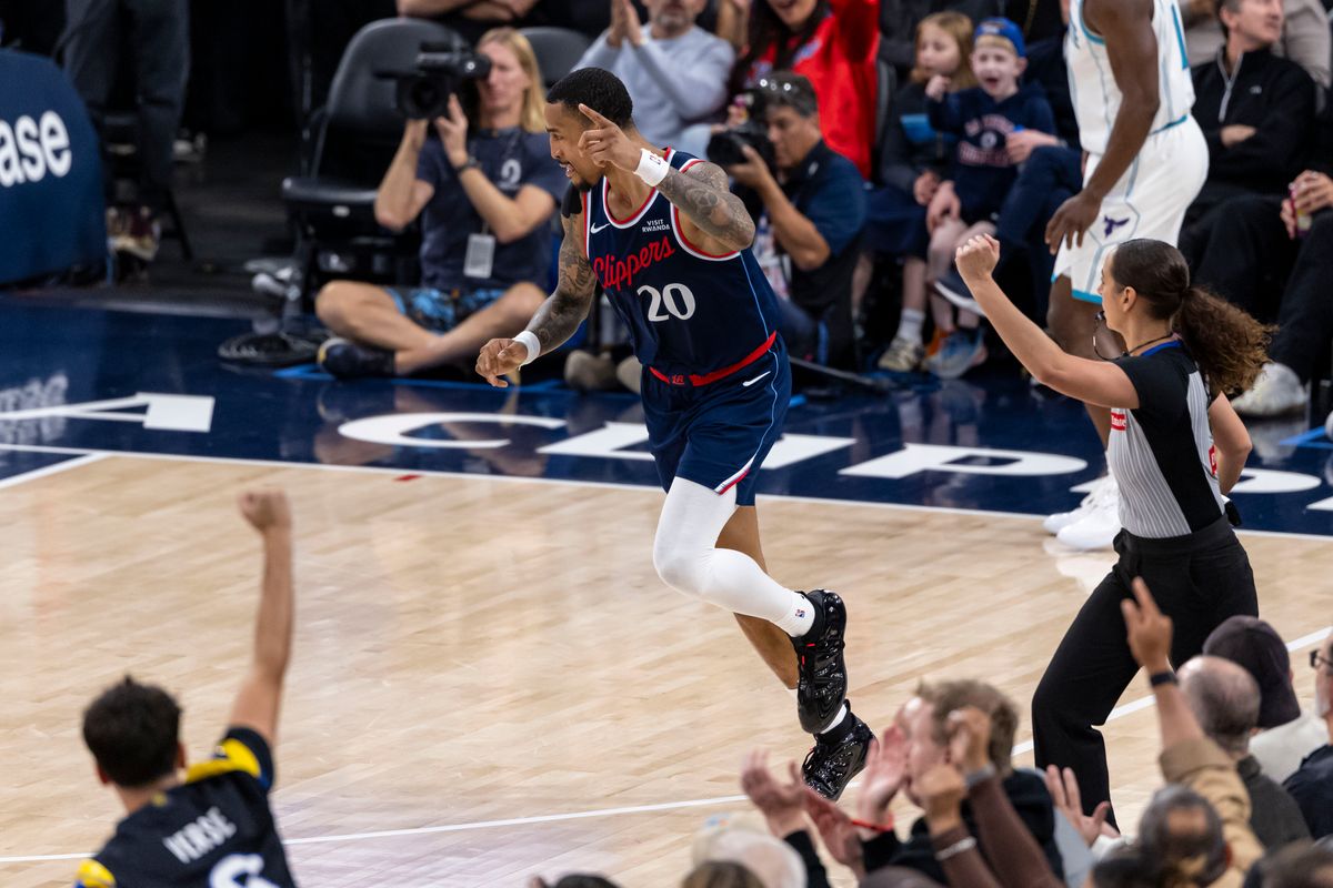John Collins #20 of the LA Clippers celebrates a made shot during an NBA basketball game against the Charlotte Hornets, Monday January 12, 2026 in Inglewood, Calif.