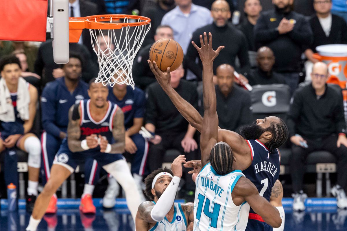 James Harden #1 of the LA Clippers lays the ball up during an NBA basketball game against the Charlotte Hornets, Monday January 12, 2026 in Inglewood, Calif.