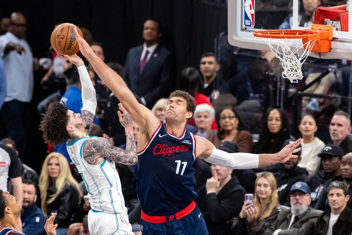 Brook Lopez #11 of the LA Clippers blocks the shot by LaMelo Ball #1 of the Charlotte Hornets during an NBA basketball game, Monday January 12, 2026 in Inglewood, Calif.